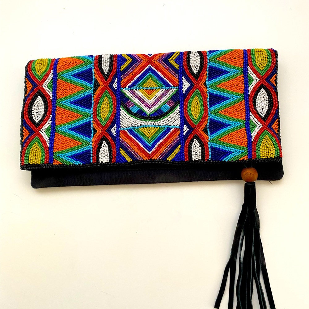 Gorgeous multi color design beaded ALDO fold over clutch purse with tassel
